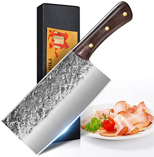 Home Safety Chinesisches Hackmesser - 8 Zoll Metzgermesser - Professionelles Gemüsemesser Scharf verdickte Klinge, Küchenmesser Handgeschmiedetes Fleischmesser Kochmesser mit Ergonomischem Griff