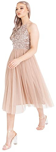 Maya Deluxe Abito Midi da Donna con Scollo all'Americana in Tulle per Sera, Laurea, Ballo di fine Anno, Matrimonio, Damigelle d'Onore Vestito, Tortora Blush, 34