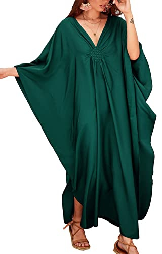 Bsubseach Women Casual Kaftan Dress Batwing Sleeve Plus Size Swimsuit Cover Up Maxi Caftan Dresses Dark Green