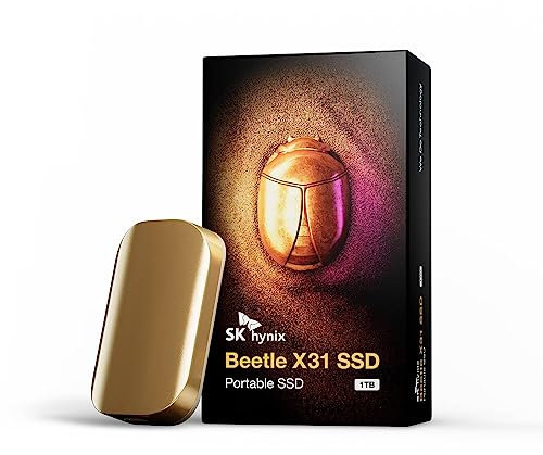 SK Hynix Beetle X31 Disco Duro SSD Externo 1TB USB C | hasta 1050 MB/S | Disco SSD portatil Compacto y Ligero | USB 3.2 Gen2 | Funda Incluido (Champagne Gold)