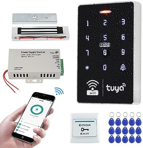 FUSYTULY Wifi Tuya étanche Système de Contrôle d'accès Kit 125KHz 13.56MHz Contrôleur d'accès RFID Clavier Tactile + 180KG Serrure électromagnétique + Carte clé 15pcs