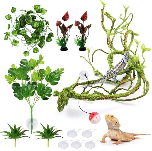 QUOZUO Hängepflanze Terrarium Zubehör, kunstpflanze hängend Künstliche Pflanzen Hängepflanze Reptilien Terrarium Kletterreben Blätter für Eidechsen, Schlangen