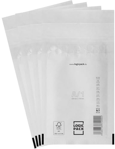 LOGIC PACK 100 Buste Imbottite A1 120 x 175 mm - Buste per Spedizioni Bianche con Pluriball Rinforzato, Carta FSC Autosigillante, Ideali per Vinted, Gioielli, Elettronica, Formato DIN A6