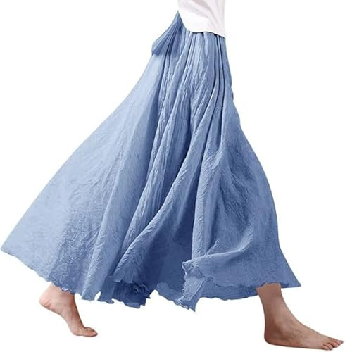 Gonna da donna in lino, maxi gonna in cotone e lino, gonna estiva boho, tinta unita, per il tempo libero, gonna a pieghe, Blu 2., Taglia unica