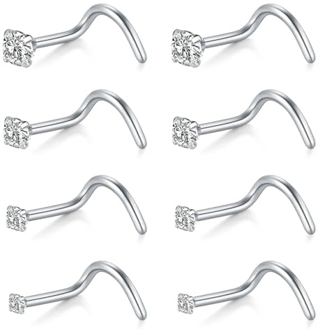 AceFun Näspiercing, 8 stycken 20 g 22 g näspiercing plugg bult näsbult L-formad rostfritt stål diamant liten näsbult för kvinnor män korkskruv näsring näspiercing bult, Rostfritt stål