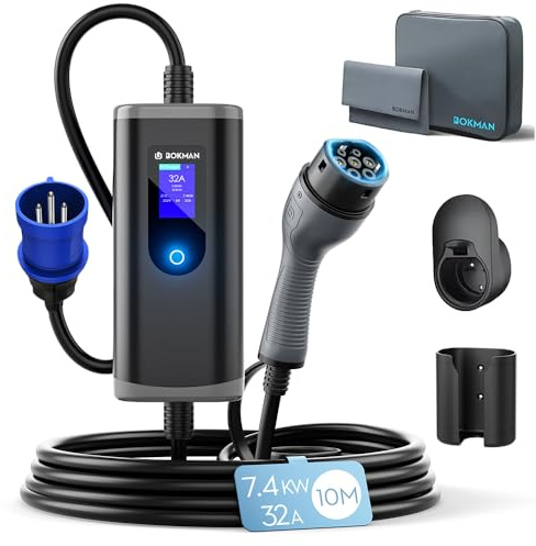 bokman Cavo Ricarica Auto Elettrica Tipo 2 CEE 3 Pin, 10 Metri | 6-32A | 7,4kW | IP65 Impermeabile, Caricabatterie EV con Spina CEE per IEC 62196-2; Compatibile con Model Y/3, 500e, e Altri EV/PHEV