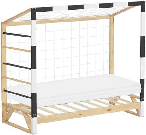 ML-Design Barnsäng med Fotbollsmål 80x160 cm med Madrass Träbädd med Ribbotten Klätterstege och Nät Ungdomssäng av Furu Enkelsäng för Barn Sängram för Pojkar Flickor Lekbädd Sovplats Barnsäng