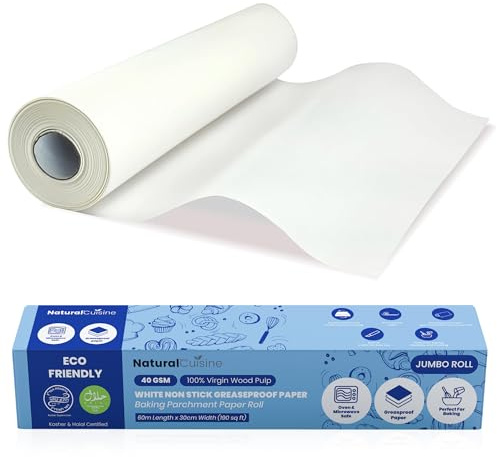 Natural Cuisine Greaseproof Baking Paper Roll – 60m x 30cm Jumbo Size – White Non-Stick Parchment Paper – Double-Sided Siliconised – 40gsm Pro Grade – Virgin Wood Pulp – Halal & Kosher – Oven Safe