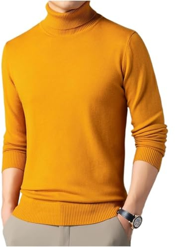 WINDEHAO Maglione da uomo in cashmere premium tinta unita, morbido, a collo alto, a maniche lunghe, invernale, lavorato a maglia a coste, con scollo rotondo, Giallo, XL