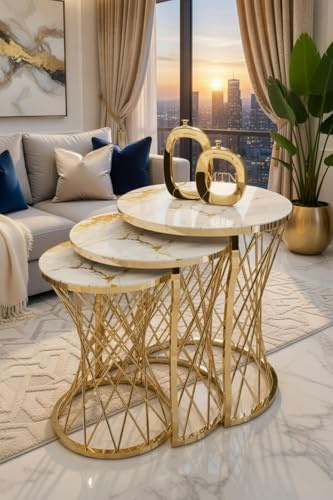 Dubrilux Nest Of Coffee Tables Set Of 3 Pieces, Round Sofa End Nesting Side Stacking Table Gold/Chrome Metal Frame & Tempered Glass Top, For Living Room (Venecia)