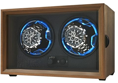 Isili Doppel Uhrenbeweger für Automatikuhren, Dual Uhrenbeweger Box für Uhrenliebhaber, mit leisem Motor 4-Rotationsmodus Einstellung, blaues Licht, elastische Uhrenkissen, Geschenk für Vatertag