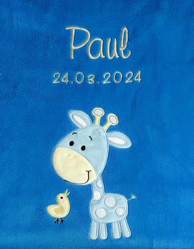 KIDDI-MEDIA Babydecke mit Name und Geburtsdatum Bestickt/kuschelig weich / 1A Qualität (Blau - Giraffe)