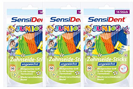 3x SensiDent Zahnseide für Kinder * STICKS ungewachst * kindgerecht 16 Stk. ab 6 J.