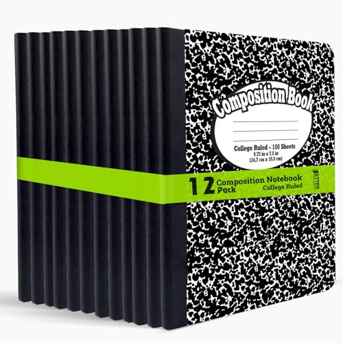 Better Office Products Composition Book Notebook - Hardcover, College Ruled (9/32-inch), 100 Sheet, One Subject, 9.75 x 7.5, Black Cover-12 Pack