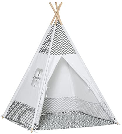 HOMCOM Tienda de Campaña para Niños de +3 Años Tipi Infantil de Madera Portátil con Ventana Colchoneta y Bolsa de Transporte para Interiores y Exteriores 120x120x155 cm Gris