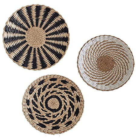 RXMORI Set di 3 cesti decorativi da parete in stile bohémien, piatti da parete in rattan intrecciato a mano, rotondi e piatti per soggiorno e camera da letto (25-30-35 cm, set A)