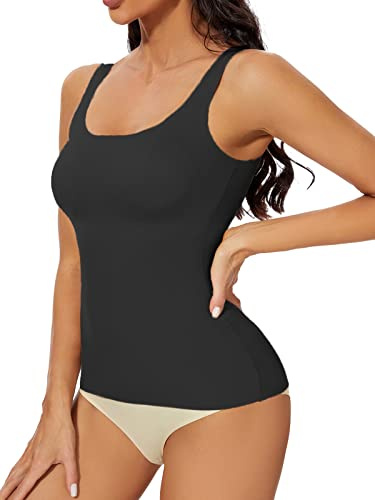 SLIMBELLE Camisola de Compresión Mujer Camisetas Moldeadoras Reductoras Chaleco Lencería Control de Barriga Interior Sin Costuras Shapewear Modal Tank Top con Sujetado desmontable Negro L