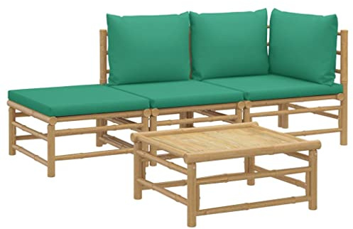 vidaXL Loungegrupp 4 delar gröna dynor bambu, trädgårdssoffa, utemöbler, loungeset, trädgårdssoffor, trädgårdsmöbler, loungegrupp i bambu