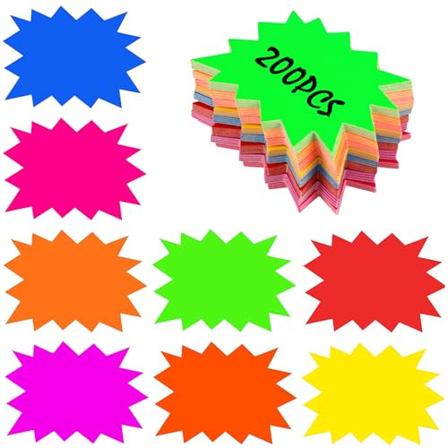 HMIEPRS Étiquette Prix Fluorescent, 8 Couleurs Signes de Starburst, Étiquettes de Prix en Forme d'Étoile Signe de Magasin, Étiquettes de Vente en Papier pour Faveurs Magasin Détail Épiceries (200)