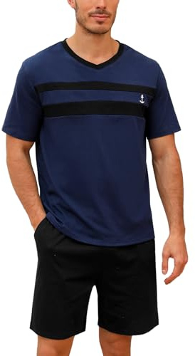 Nieery Pyjama Court Homme Coton pour l'été L'ensemble Comprend Un Pyjama à Manches Courtes Short Pyjama Homme avec col V idéal pour la Nuit T-Shirt et Pantalon de Pyjama Assortis en Deux pièces