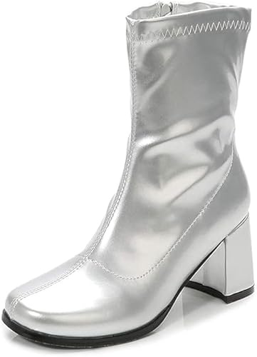 Women's Go Go Boots Mid Calf Block Heel Zipper Boot Ankle Boots Low Block Heel Short Boots Shoes (Silver Patent, numeric_5