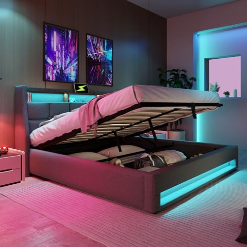 Polsterbett 140x200, Gepolstertes Bett Kopfteil mit Staufach und USB-Ladefunktion, LED Doppelbett mit Stauraum und Lattenrost, Hydraulisch Stauraumbett Funktionsbetten Jugendbett, ohne Matratze, Grau
