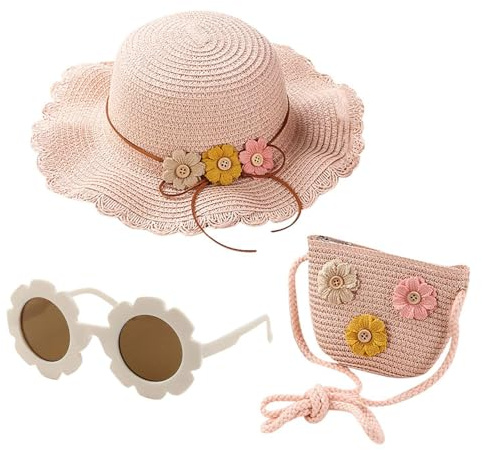 FFDHWU 1 Girl's Straw Bag, 1 Straw Sun Hat, 1 Pair of Flower Sunglasses, Children's Mini Crossbody Bag, Summer Travel Accessories, Suitable for Vacation, Travel and Outdoor Activities Pink