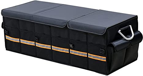 SOREIA Oversized Collapsible Car Trunk Organizer with Reflective Strips, Durable 1680D Oxford Fabric, Large Capacity Storage Bin with Aluminum Handles, Anti-Slip Bottom, Black (XL: 90 * 35 * 30m)