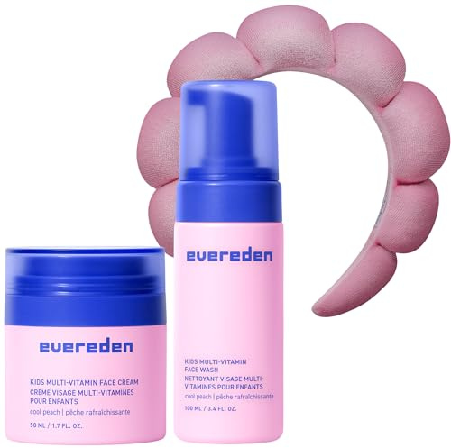 Evereden Kids Face Duo & Spa Headband Set – Multi-Vitamin Face Wash & Cream + Soft Terry Headband – Nourishing Skin Care & Fun Hair Management for Kids 3+ – Gentle & Perfect for Skincare Routine