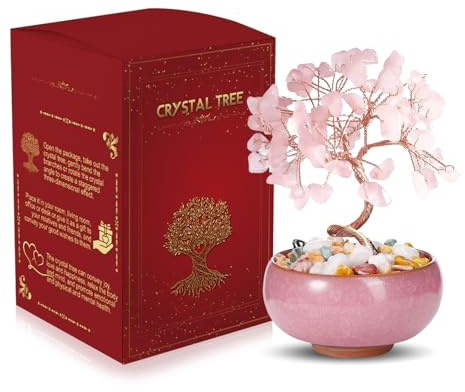 WEILAOK Albero della Vita di Quarzo Rosa, Pietre Chakra Oggetti, Soprammobile Portafortuna, Feng Shui Pietre e Cristalli, Meditazione Reiki Oggetti per Decorazione della Casa Regali di Compleanno