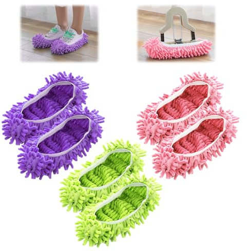 WhizNook 3 Paires (6 Paires) Chaussons Mop en Microfibre, Lavable Et Réutilisable Chaussons De Chaussons De Nettoyage pour Nettoyage des Sols, Salle De Bain, Cuisine, Bureau, 3 Couleurs