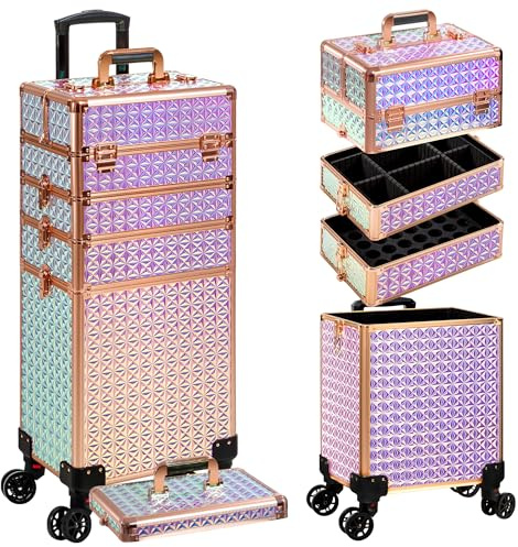 Arous 5-i-1 professionell sminkväska i aluminium med 360° svängbara hjul, Färgglada, Extra Large