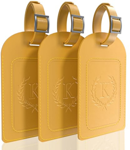 FESAS 3 Pack A-Z Alphabet Luggage Tags - Faux Leather Suitcase Tags with Privacy Cover & Replaceable Card - Initial Letter Monogram for Bags (Yellow)