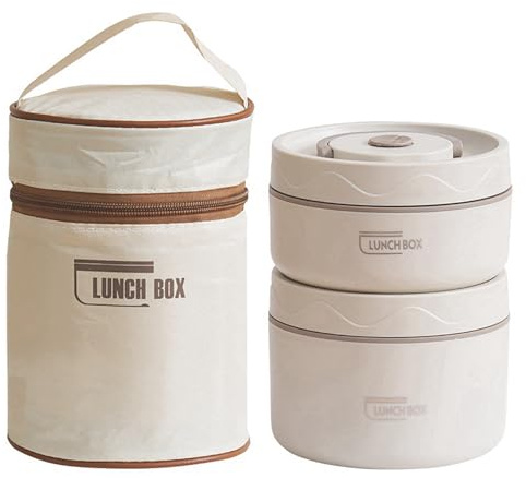 YIMINI Lonchera, loncheras de trabajo, Contenedor de Almuerzo Aislado de Acero Inoxidable 304, con Tapa y Bolsa Térmic, Adecuado para el trabajo, la escuela, cenas al aire libre (Beige)
