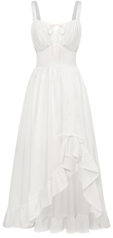Oplxuo Renaissance Dress Women Cottagecore Corset Dress High Low Ruffle Hem Spaghetti Strap Victorian Pirate Chemise Dresses White
