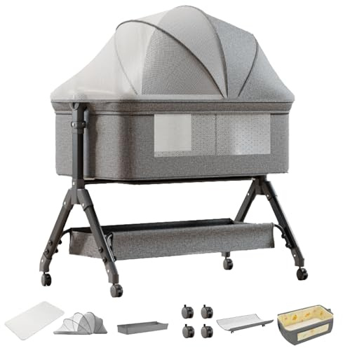 Aveainelle Portable Bedside Crib 3 in 1, Baby Cradle Swing, Newborn Cot, with Changing Table, Mosquito Net, Storage Basket, Mattress, 4 wheels, for 0-24 Months Baby (GREY)