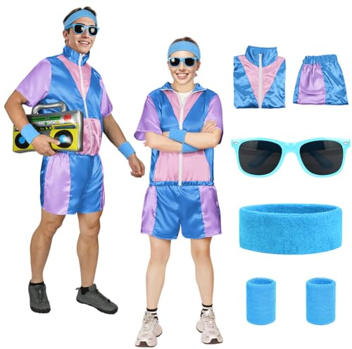 Aomig Träningsoverall från 80-talet, vintage kort sportkläder för vuxna '80- och 90, hiphop färgblock joggingdräkt set, unisex 80-talsstil kostym halloween karneval set, blå