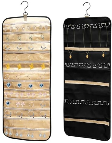 Crynvor Organizador de Joyas Colgante de Doble Cara, Almacenamiento de Cadenas para Colgar Pendientes, Collares, Anillos en Armario, Pared, Puerta, con 48 Bolsillos y Ganchos de Metal