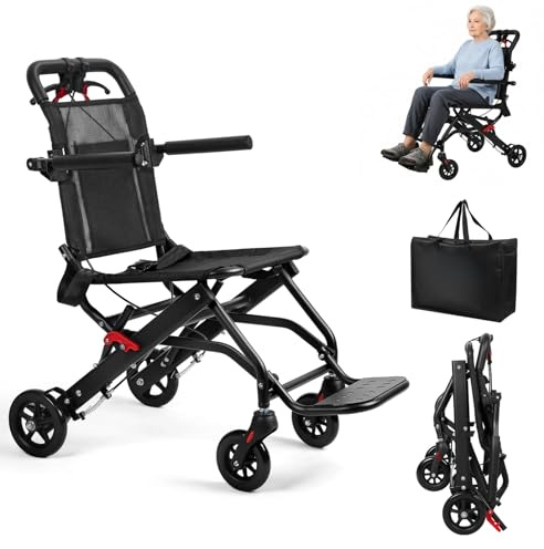 Sedia a rotelle pieghevole portatile per adulti, sedia a rotelle ultra leggera in lega di alluminio, sedia a rotelle da viaggio con braccioli ribaltabili, cintura di sicurezza, sedia compatta per
