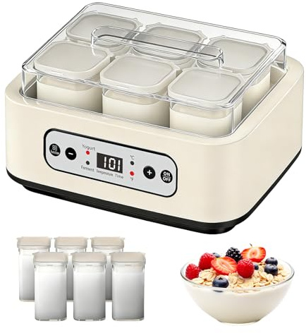 Yogurtera, Máquina para Hacer Yogur de 1,6 L con 6 Tarros de 250 ml Yogurtera con Temporizador de 1 a 99 Horas Control de Temperatura de 21 a 48 °C y Pantalla LCD para Yogur Natto y Vino de Arroz