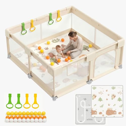 KUQAZ Beige Laufstall Baby mit Matratze - 150×150cm Laufgitter Baby