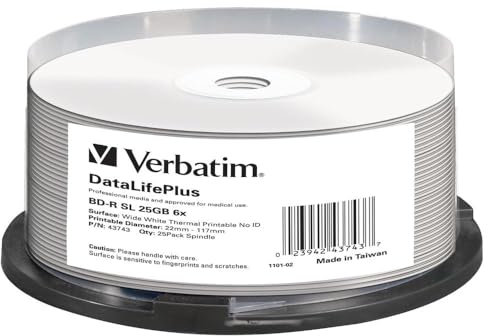 Verbatim BD-R Blank Blu-ray Discs 25 GB - 6x Burning Speed, Printable, 25-Pack Spindle 43743