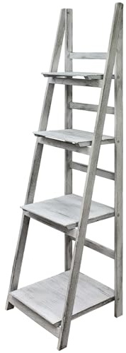 Kingpower Regal Leiterregal Holz Wandregal Bücherregal für Küche Wohnzimmer Badezimmer Modern 4 x Ablagen Deko Bilderrahmen Pflanzen in 4, Farbe:Antik-Weiß