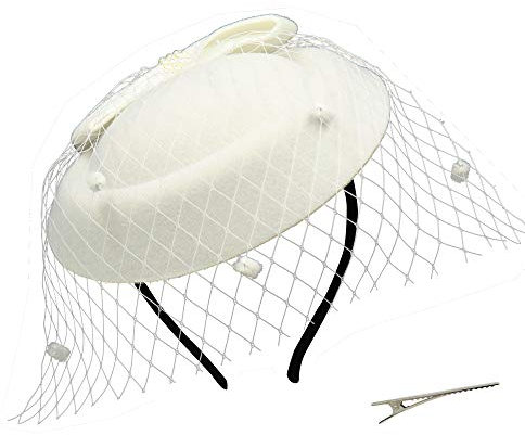 Umeepar Damen Bowknot Pillbox Fascinator Hut Hochzeit Tea Party Hüte mit Schleier Stirnband Clip (Weiß)