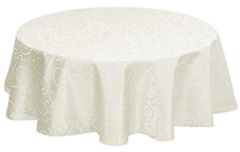 EUGAD Tischdecke Damast Ornamente Seidenglanz Kringel/Circle Design Tafeldecke mit Saum, Tischtuch Größe & Farbe wählbar, Edel Tisch Decke Abwaschbar und Bügelfrei, Rund 160 cm Creme
