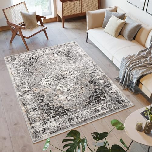 TAPISO Valley Teppich Kurzflor Hellgrau Grau Vintage Rosette Ornamental Meliert Used Effekt Wohnzimmer Schlafzimmer ÖKO-TEX 120 x 170 cm