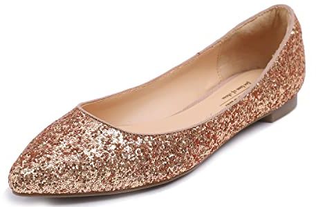 Feversole Women's Sparkle Memory Foam Cushioned Colorful Shiny Pointed Ballet Flats Pumps Glitter Rosegold Size 5.5