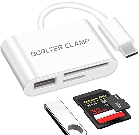 SD-kortläsare, BorlterClamp USB C SD/Micro SD-kortläsare, USB C till SD-minneskortläsaradapter, kompatibel med MacBook, bärbara datorer, Galaxy-telefoner och mer (vit)