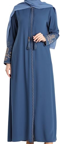 istanbul styles Abaya mit bestickten Ärmeln für Damen, langärmelig, bodenlang, türkisch-islamische Mode (DE/NL/SE/PL, Alphanumerisch, XL, Regular, Regular, Denimblau)