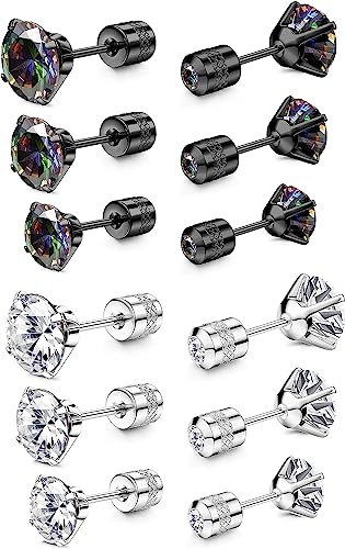 MILACOLATO 6Paar Titan Ohrstecker für Empfindliche Ohren Schraube Zurück Hypoallergen Edelstahl Ohrstecker Double Side Regenbogen Silber Cubic Zirkonia Knorpel Ohrringe für Damen Herren 4-6MM